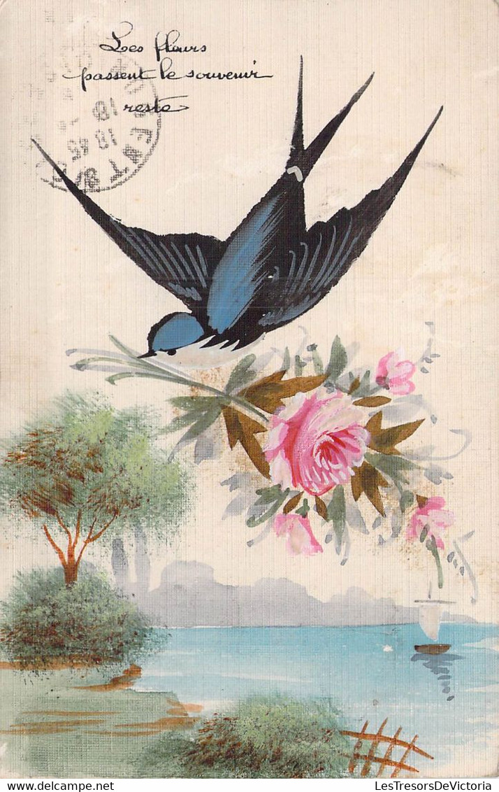 CPA - Hirondelle Tenant En Son Bec Un Bouquet De Fleur - Paysage - Illustration - Citation - Oiseaux