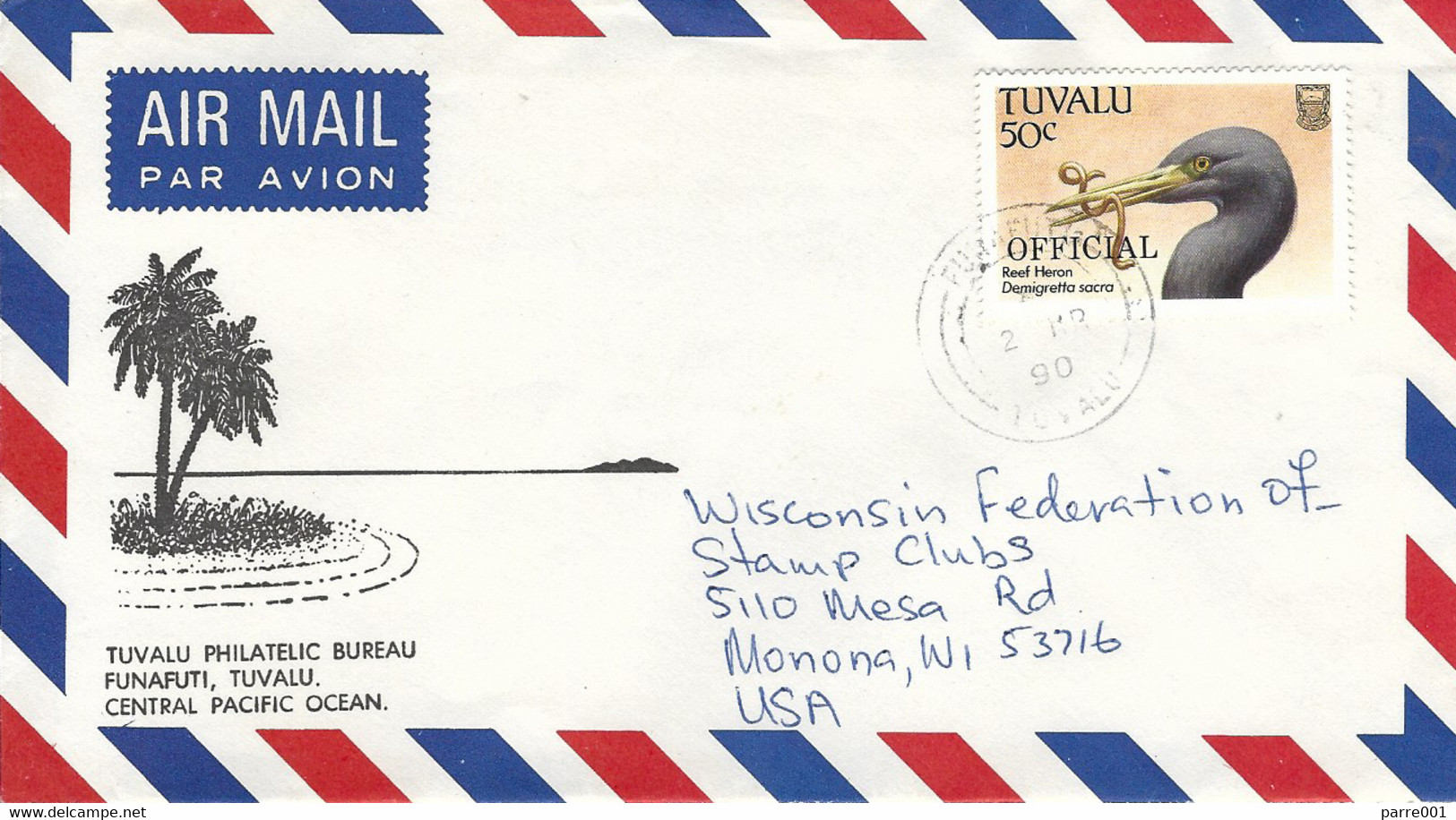 Tuvalu 1990 Funafuti Pacific Reef Heron Egretta Sacra Official Cover - Cranes And Other Gruiformes