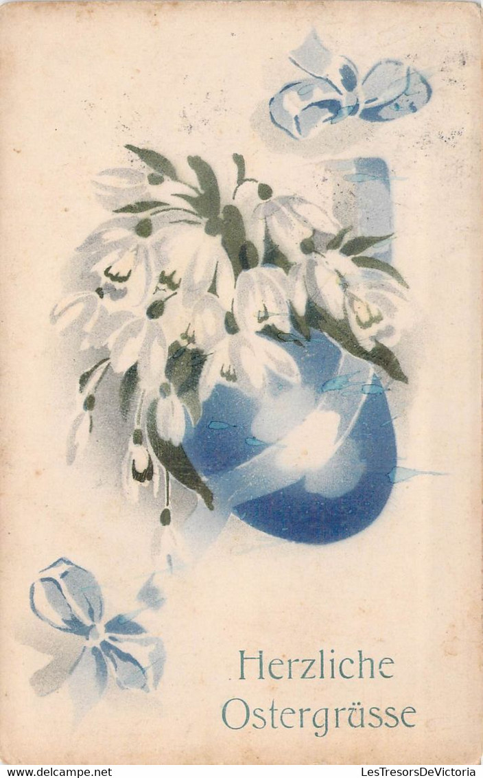 CPA - HERZLICHE OSTERGRÜSSE - Joyeuses Pâcques - Carte Colorisée - Bouquet De Fleurs Blanches Et Oeuf Avec Un Noeud - Pâques