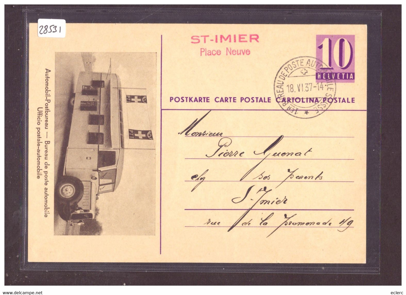 FORMAT 10x15cm - ENTIER POSTAL - GANZSACHE - POSTE AUTOMOBILE - ST IMIER - TB - Saint-Imier 