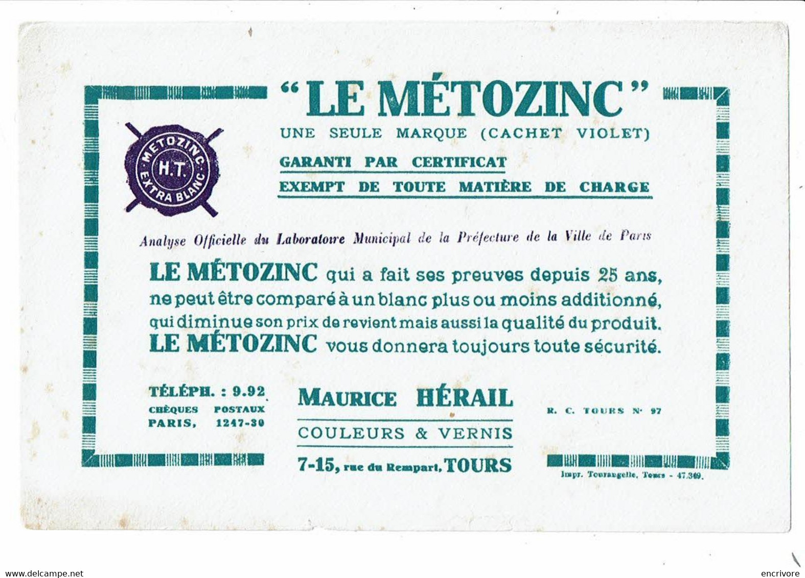 Buvard METOZINC Maurice HERAIL Tours Couleurs Et Vernis - Pinturas