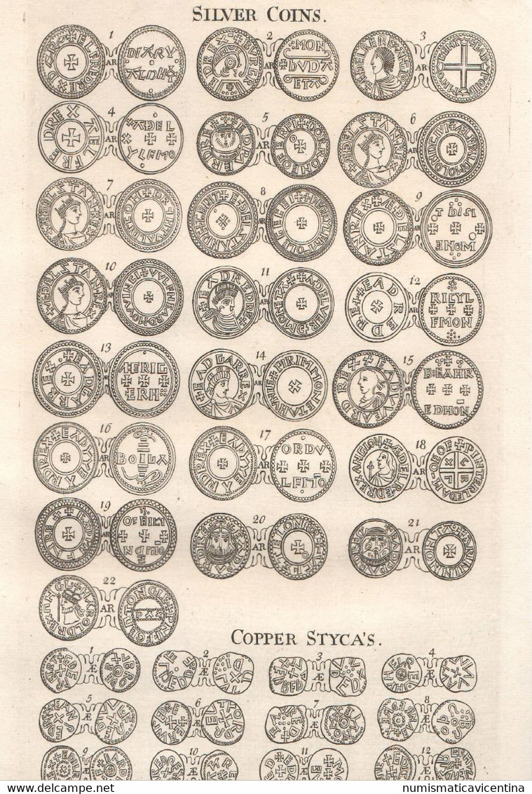 Stamps Planche Gravée Monnaies Anglo-Saxons XVIIIe Siècle Monete Stampa Su Carta Pergamena Ex Libro - Livres & Logiciels