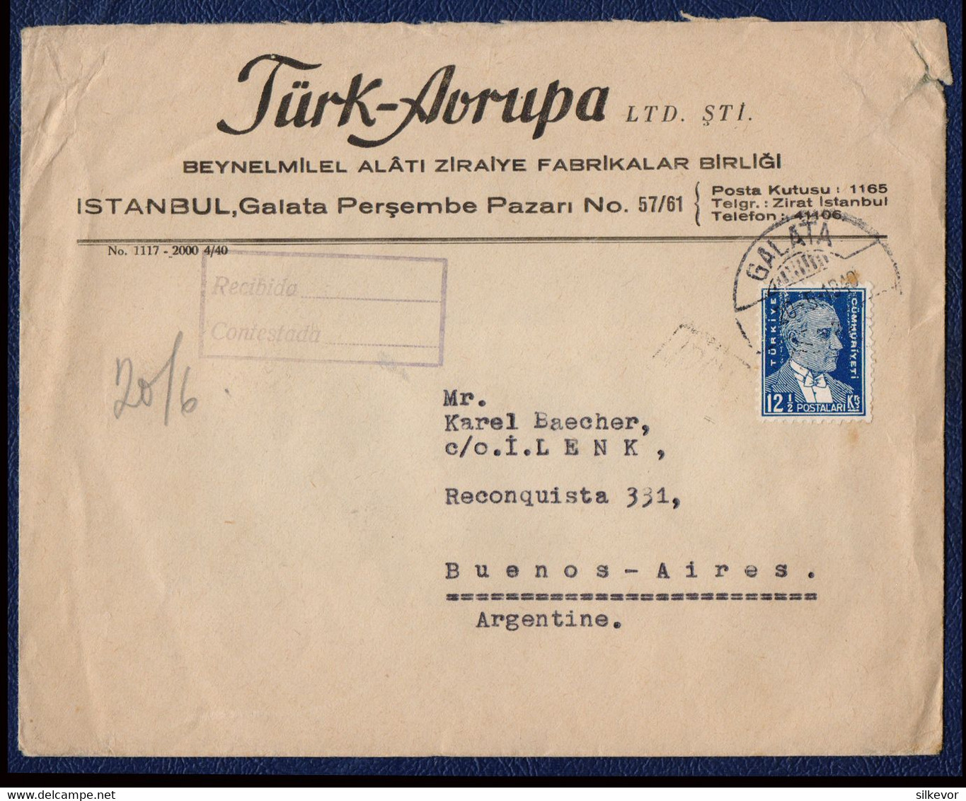 TURKEY-1940-LETTER SENT FROM GALATA TO BUENOS AIRES- ARGENTINA-COMMERCIAL LETTER- - Covers & Documents