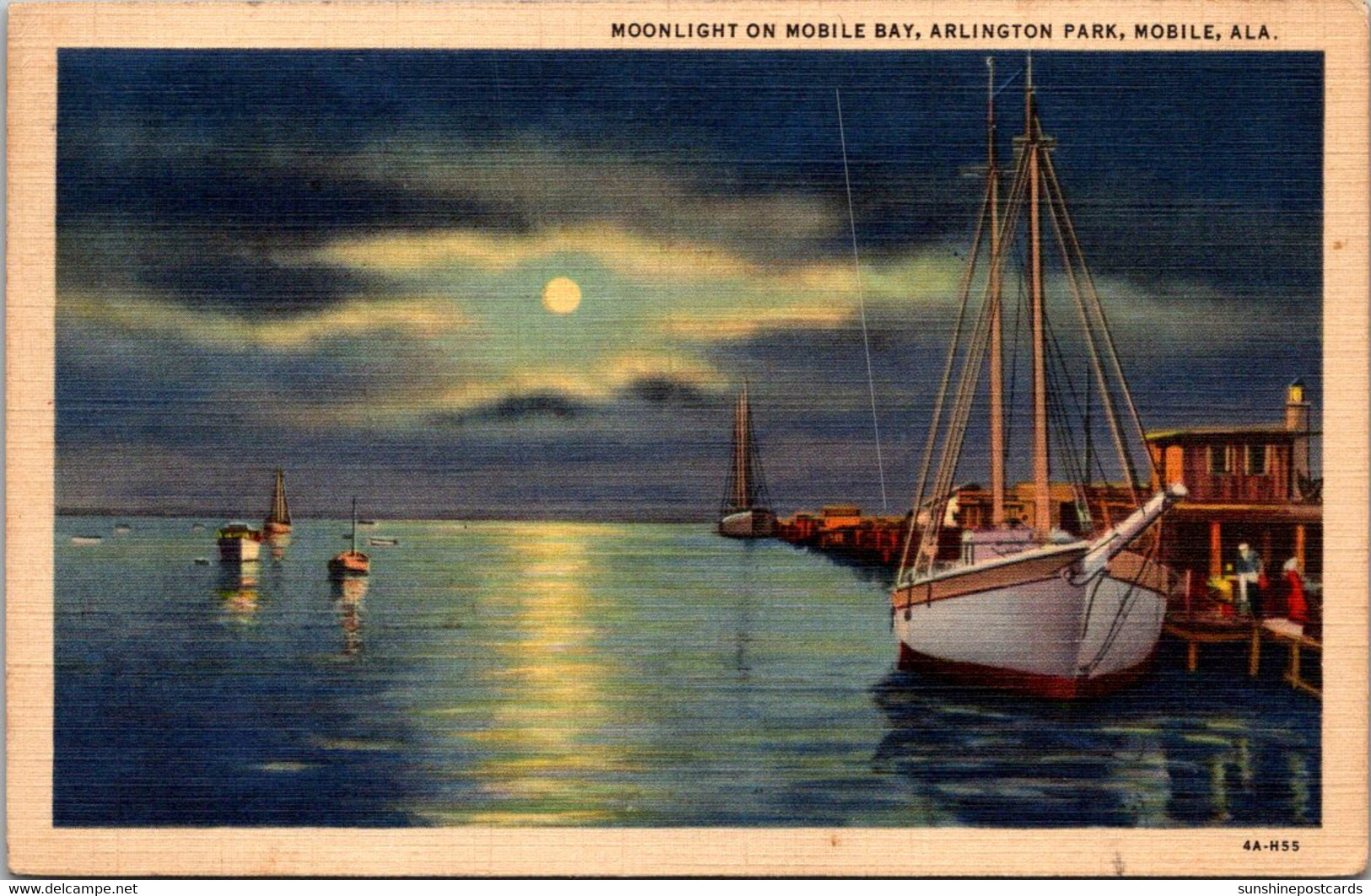 Alabama Mobile Arlington Bay Moonlight On Mobile Bay 1938 Curteich - Mobile