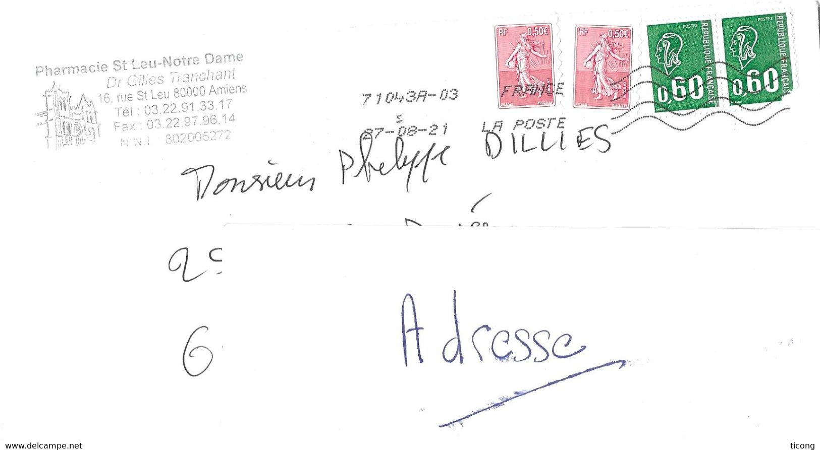 LETTRE ENTIERE 2021 - SEMEUSES DE ROTY DE CARNET MODERNE, MARIANNE DE BRIAT, FLAMME LA POSTE, VOIR LES SCANNERS - Covers & Documents