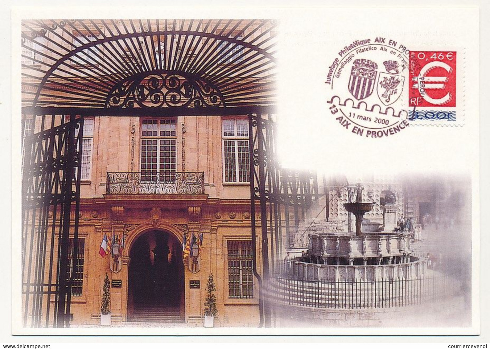 FRANCE - Carte Phil - 0,46e/3,00F Obl Temp. Jumelage Philatélique Aix En Provence - Pérouse - 11 Mars 2000 - Storia Postale