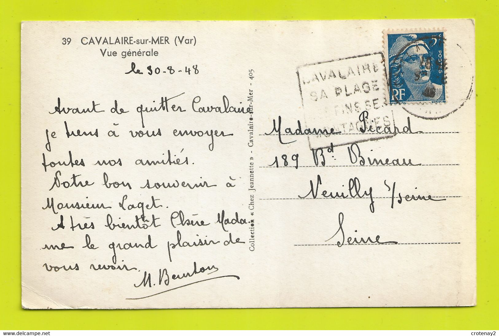 83 CAVALAIRE Sur Mer N°39 Vue Générale En 1948 Collection Chez Jeannette à Cavalaire VOIR DOS - Cavalaire-sur-Mer