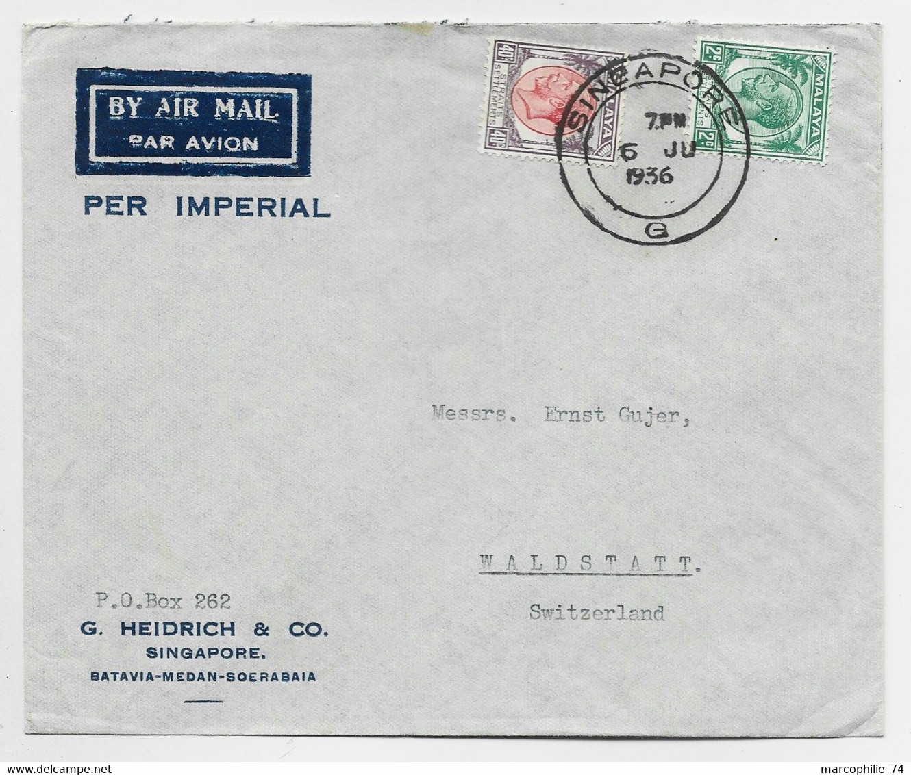 MALAYA 2C+40C LETTRE COVER AIR MAIL PER IMPERIAL SINGAPORE 6 JU 1936 G TO SUISSE - Federated Malay States