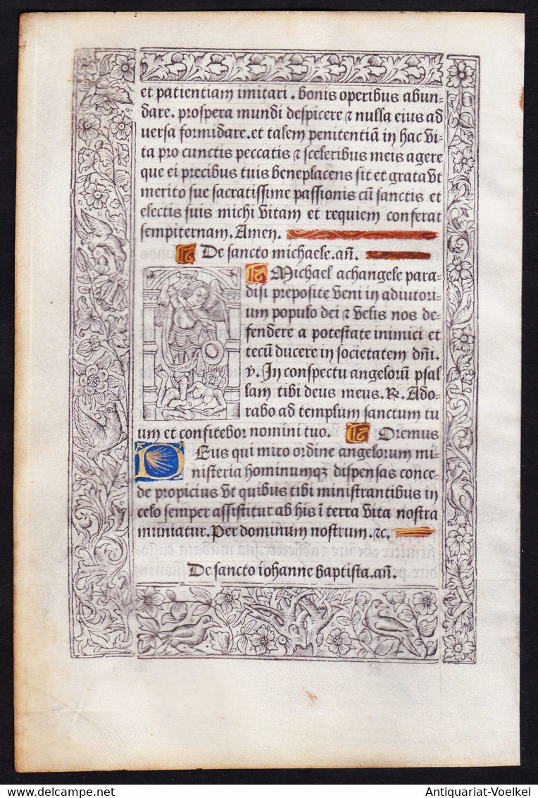 Leaf Of A Book Of Hours Printed On Vellum / Blatt Eines Gedruckten Stundenbuches Auf Pergament / Feuillet D'un - Old Books