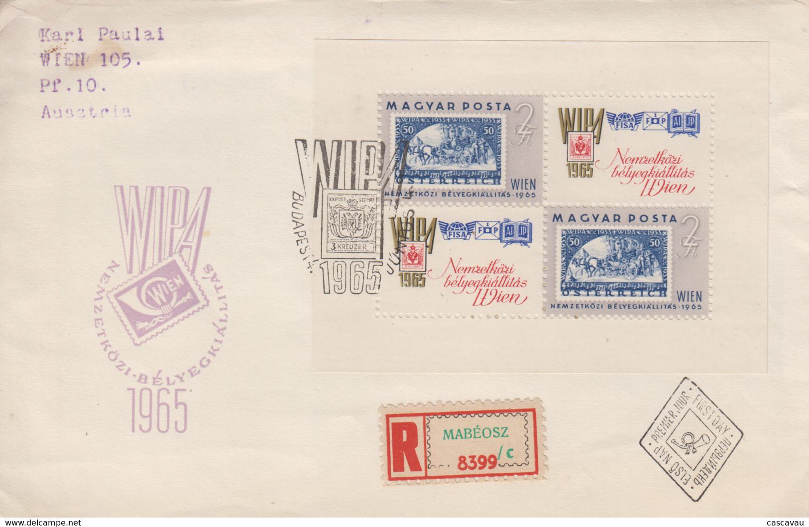 Enveloppe  Recommandée   FDC   1er   Jour    HONGRIE   Bloc   Feuillet   Exposition  Philatélique   WIPA   1965 - FDC