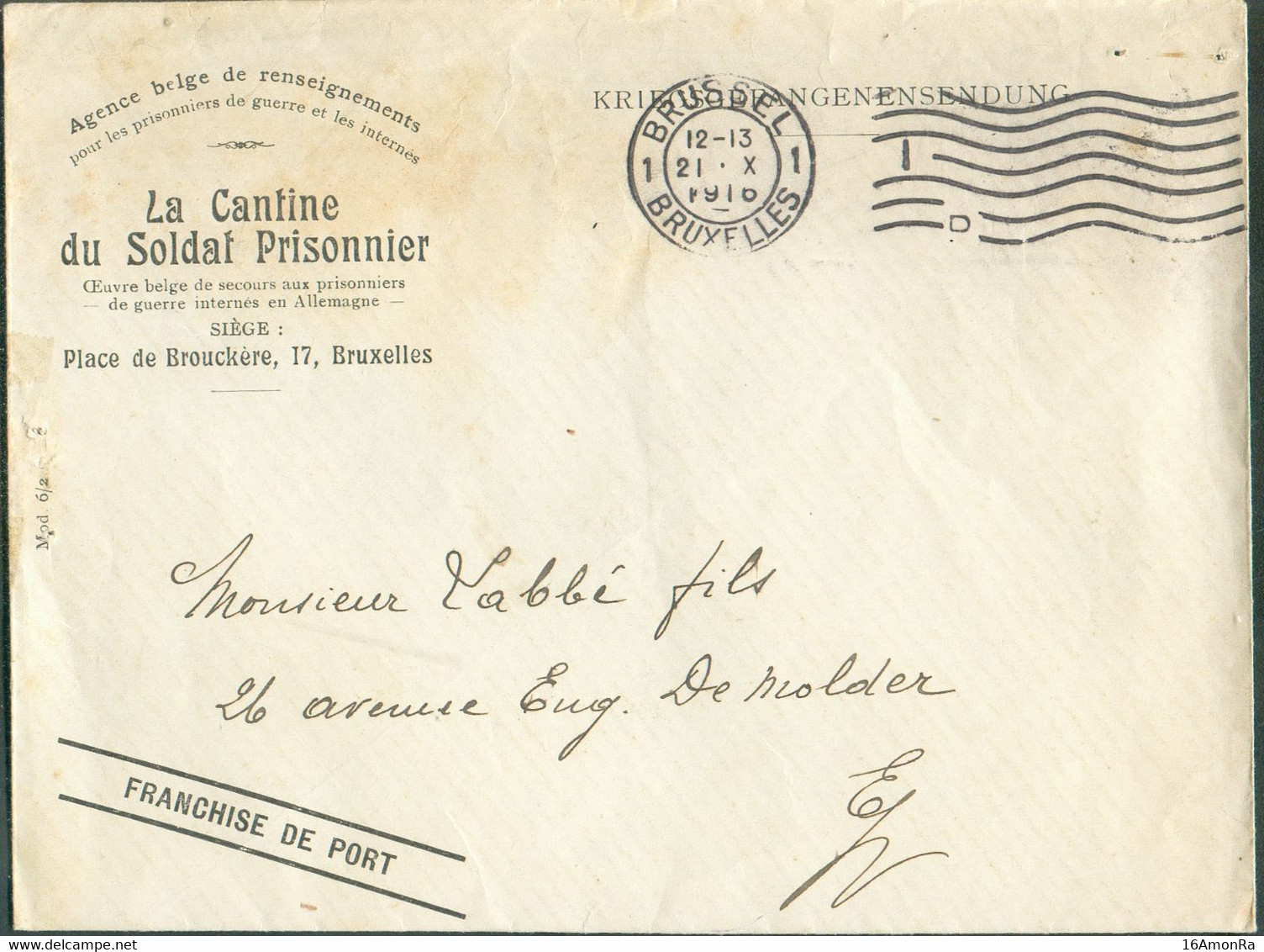 Enveloppe De L'Agence Belge De Renseignements Pour Les Prisonniers De Guerre LA CANTINE Du SOLDAT PRISONNIER, Obl. Méc. - Prisoners