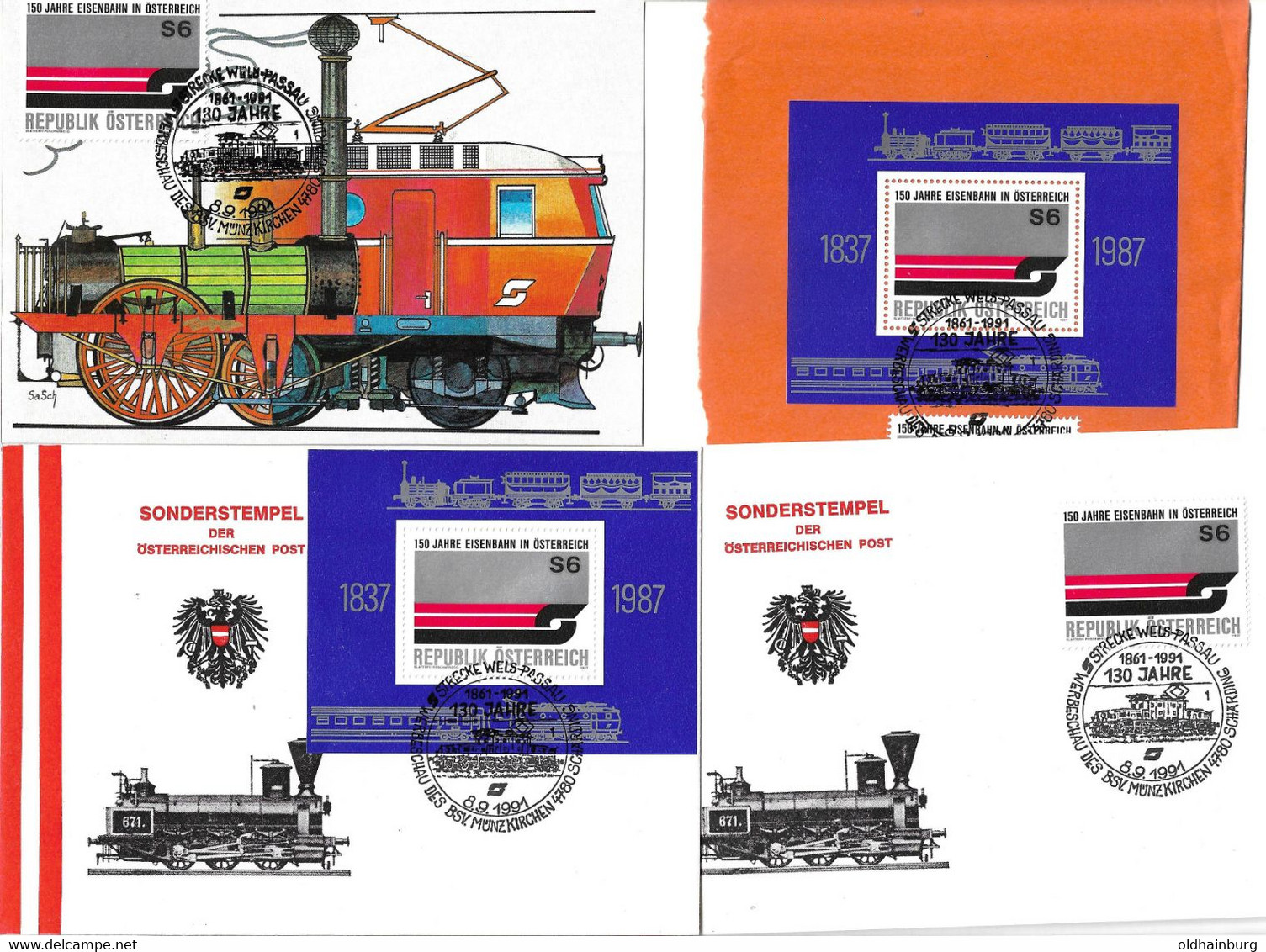 2132y: Heimatbeleg 4780 Schärding, Motiv "Eisenbahn" Aus 1991 Strecke Wels- Passau, 4 Belege Vom BSV Münzkirchen - Schärding