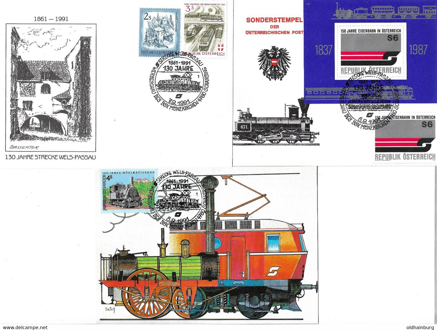 2132z: Heimatbeleg 4780 Schärding, Motiv "Eisenbahn" Aus 1991 Strecke Wels- Passau, 3 Belege Vom BSV Münzkirchen - Schärding