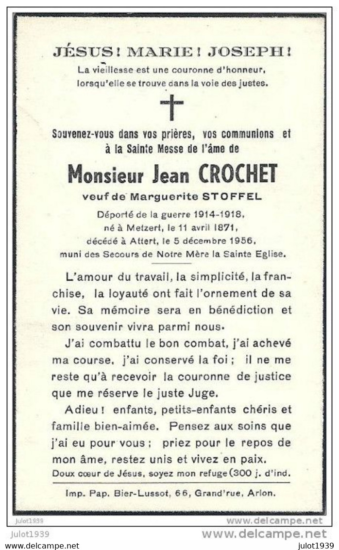 ATTERT ..-- Mr Jean CROCHET , Déporté 14 - 18 , Veuf De Mme Marguerite STOFFEL , Né En 1871 à METZERT , Décédé En 1956 . - Attert