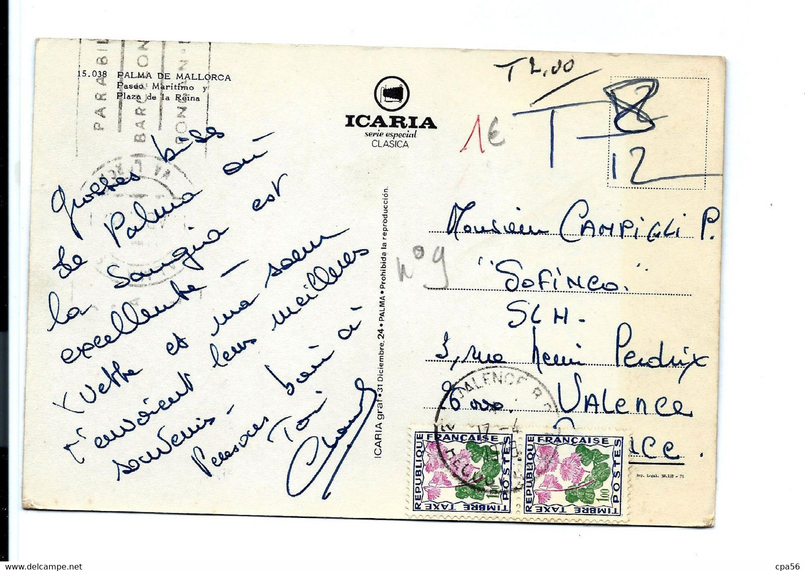 Carte Mallorca TAXÉE à L'arrivée En France VALENCE - 1960-.... Lettres & Documents