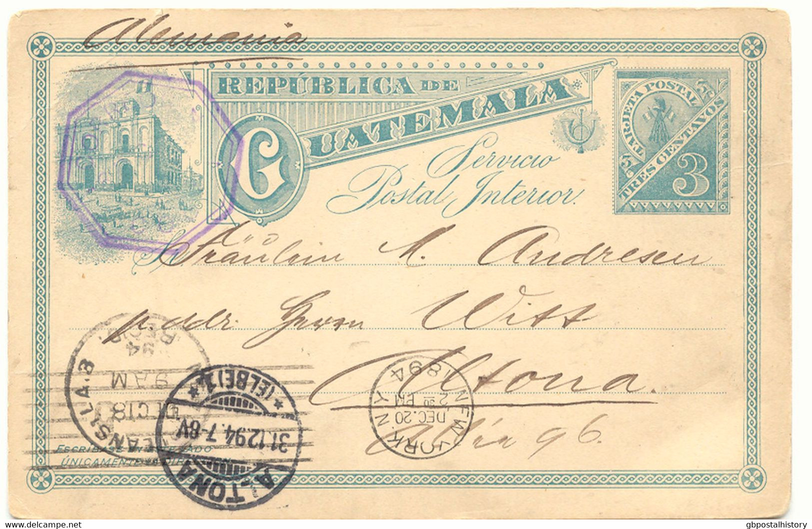 GUATEMALA 1894 3C Blau GA-Postkarte M. Neujahrsgrüssen N. "ALTONA" Karte War Nur Für Inland-Gebrauch Gültig, Mit Transit - Guatemala