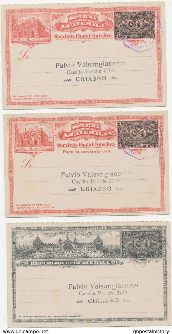 GUATEMALA 1897, Zentral Amerikanische Ausstellung, Drei Versch. Pra.-GA-Frage-/Antwort-Postkartenteile Zu 3 C Alle N. CH - Guatemala