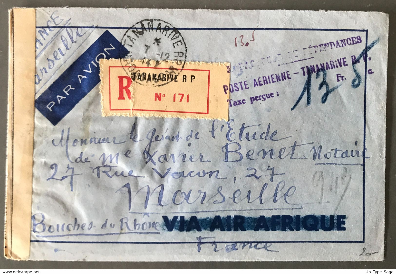 Madagascar Sur Enveloppe Affranchissement En Numéraire + TAD TANANARIVE 7.12.1944 + Censure - (B1665) - Cartas & Documentos