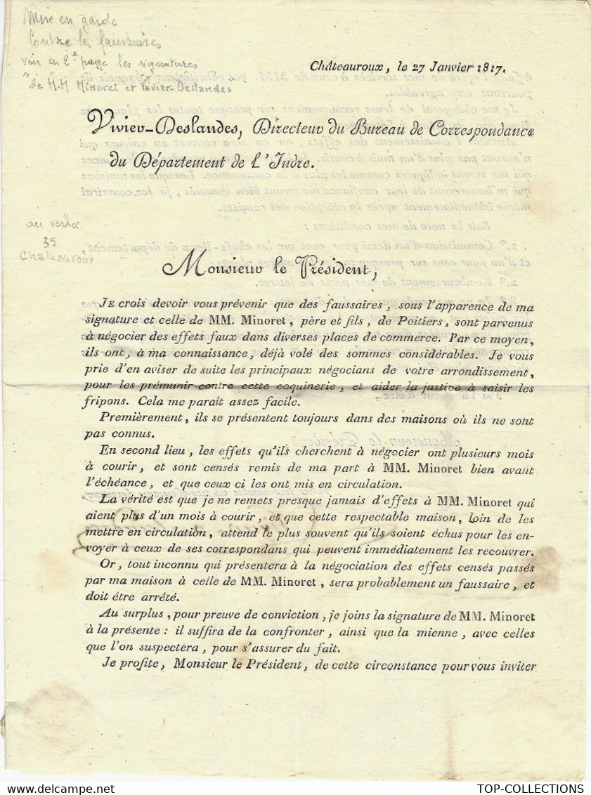 1817 LETTRE Par Deslandes DIRECTEUR BUREAU POSTES DE CHATEAUROUX INDRE FAUX EN SIGNATURE Pour Dobree Armateur  Nantes - Documents Historiques