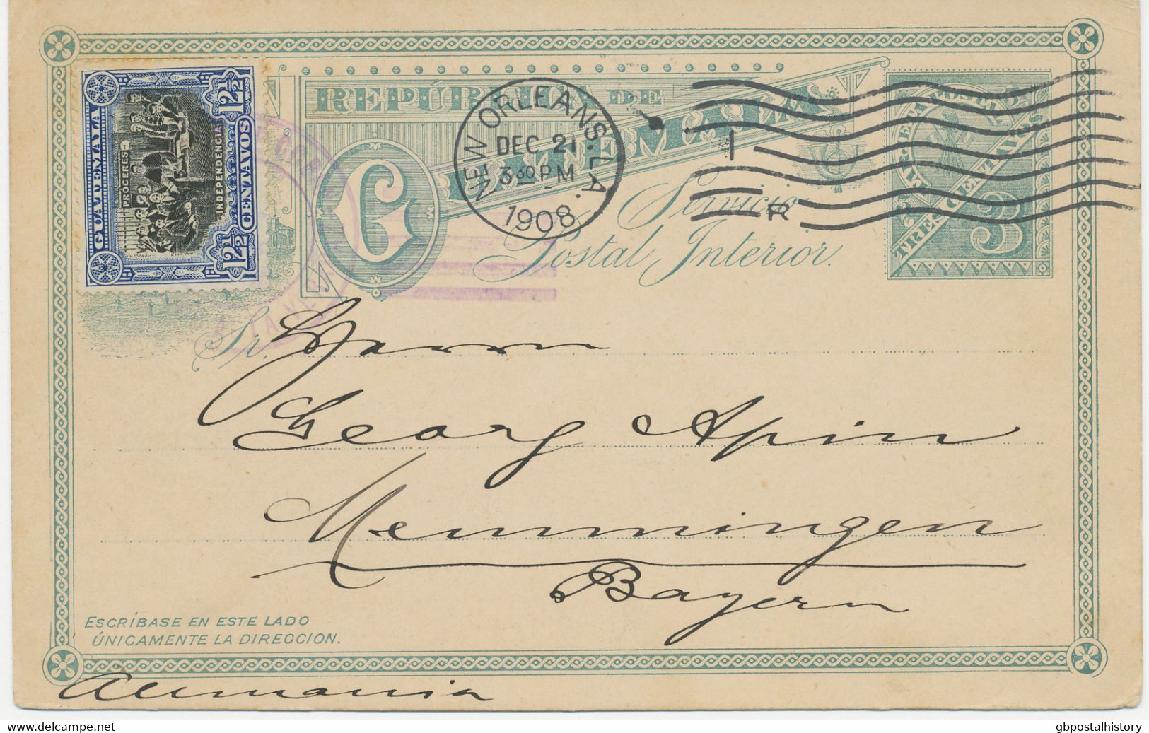 GUATEMALA 6.12.1908, 3 Centavos Blaugrün Kab.-GA-Postkarte M. 12 1/2 C Unabhängigkeitserklärung Als Zusatzfrankatur N. - Guatemala