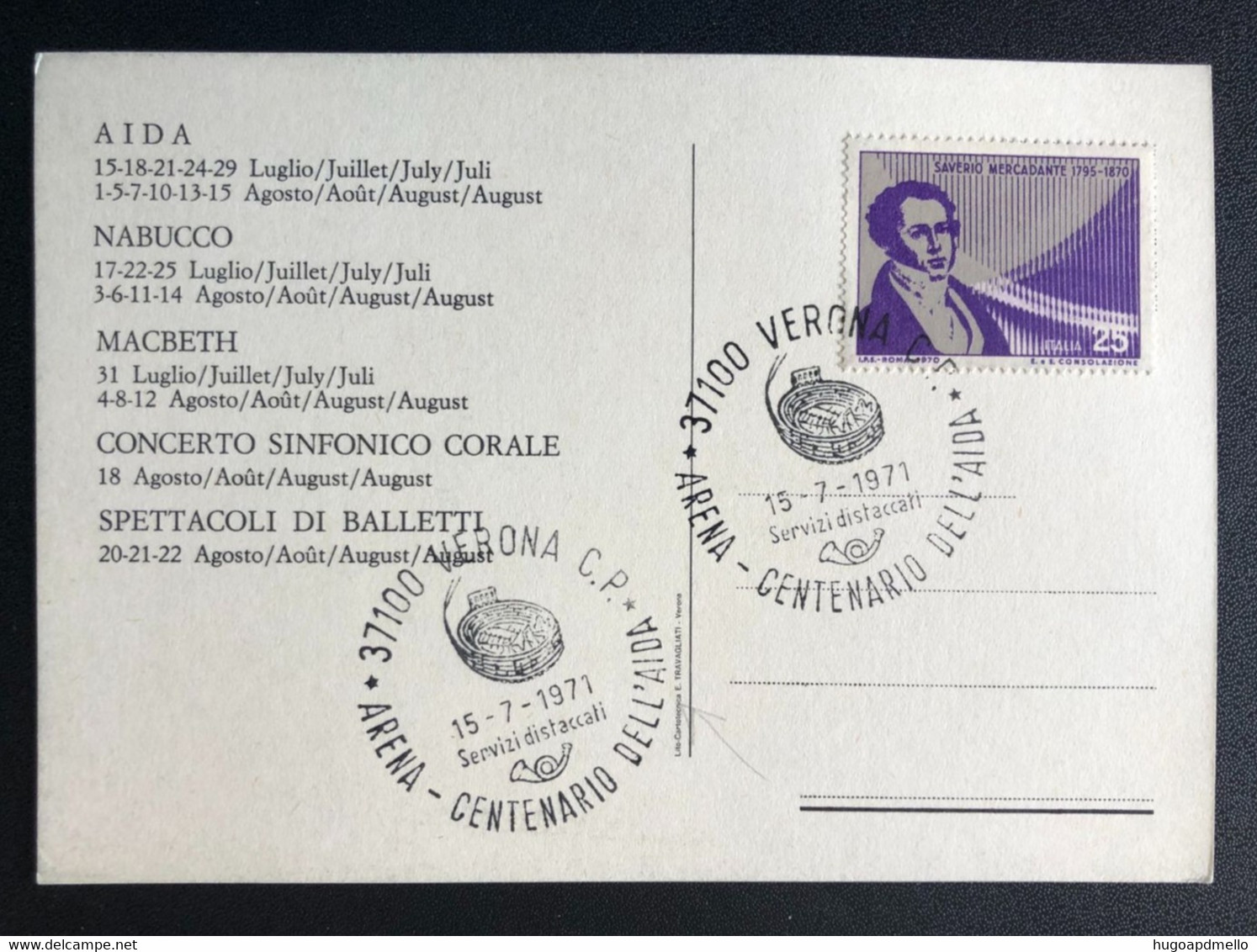 ITALY,  « VERONA », « ARENA - CENTENARIO DELL'AIDA »,« Special Commemorative Postmark », 1971 - Lotti E Collezioni