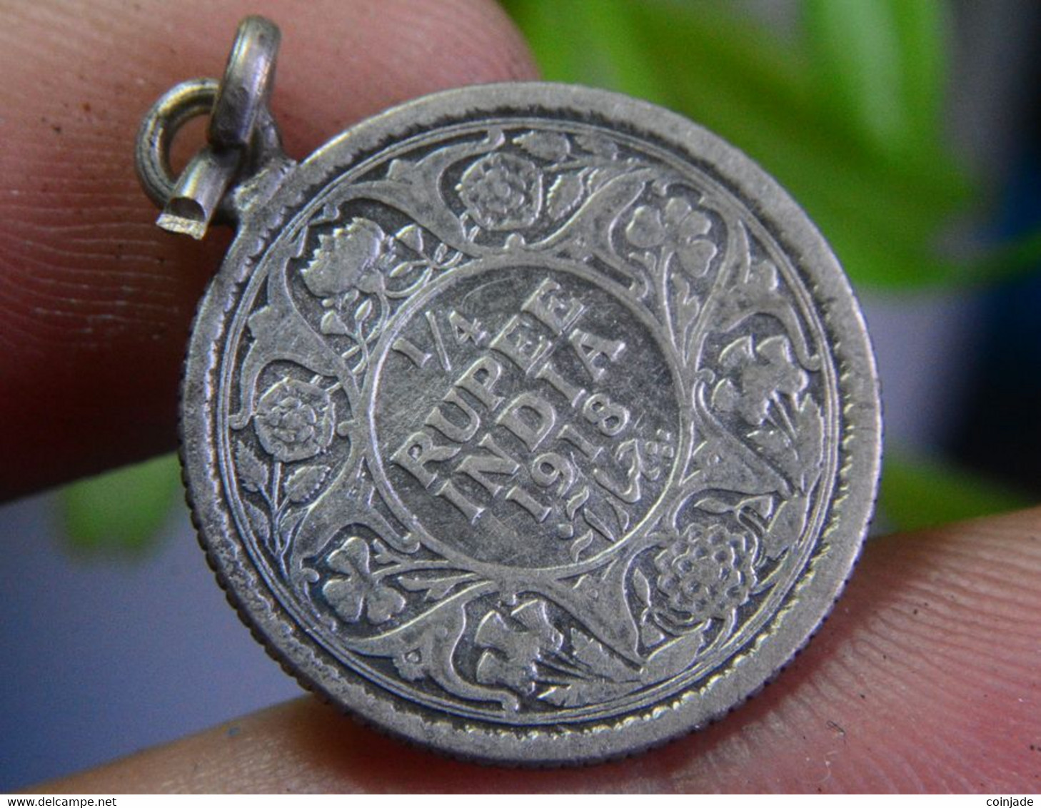 1918 1/4 Quarter Rupee KING GEORGE V INDIA BRITISH INDIA COMPANY SILVER HOOP PENDANT VINTAGE - Other & Unclassified