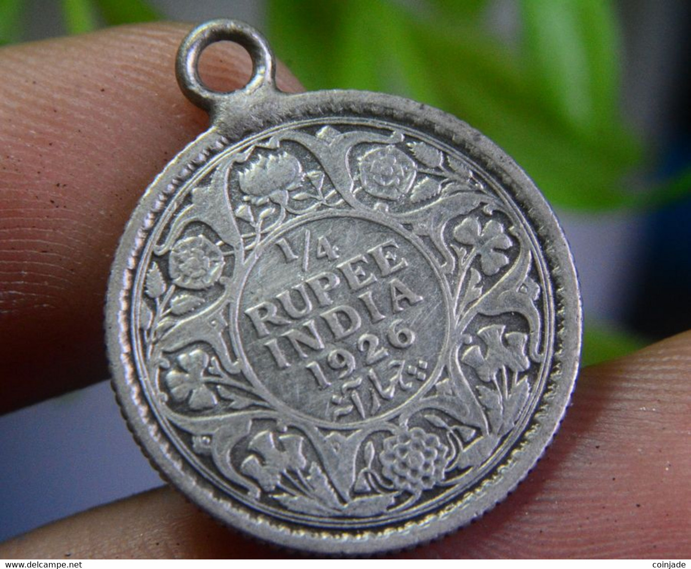 1926 1/4 Quarter Rupee KING GEORGE V INDIA BRITISH INDIA COMPANY SILVER HOOP PENDANT VINTAGE - Autres & Non Classés