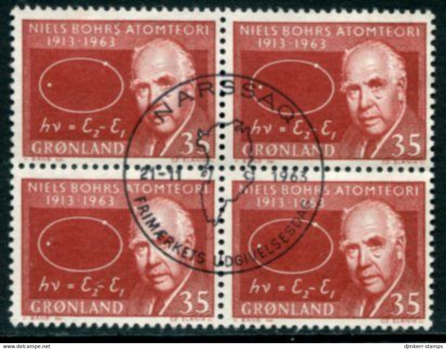 GREENLAND 1963 Bohr's Atomic Model 35 Øre Block Of 4 Used   Michel 62 - Usati