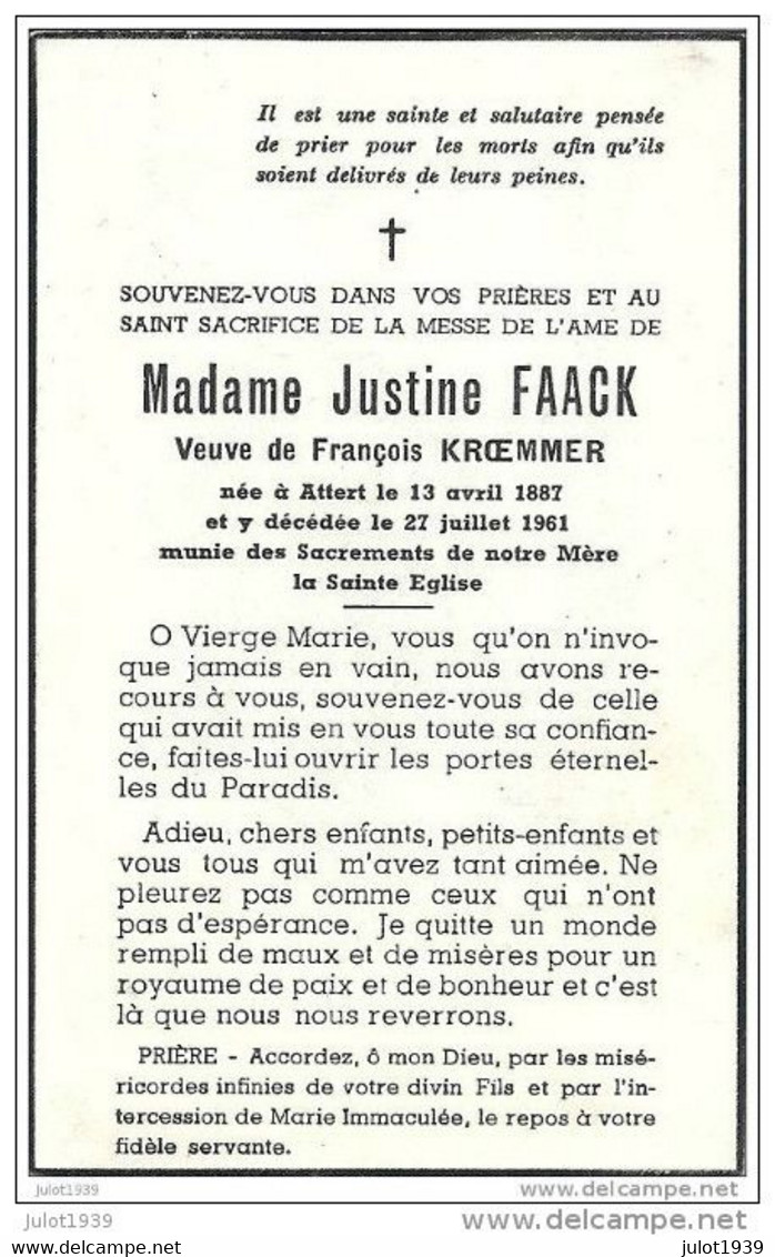 ATTERT ..-- Mme Justine FAACK , Veuve De Mr François KROEMMER , Née En 1887 , Décédée En 1961 . - Attert