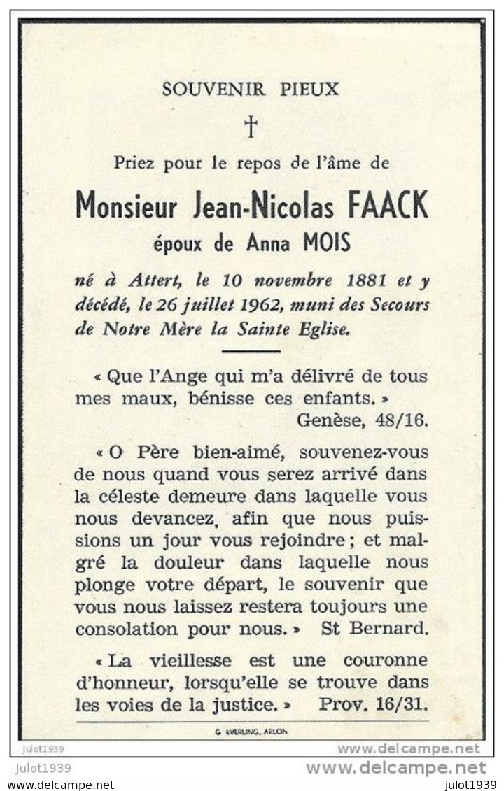 ATTERT ..-- Mr Jean FAACK , époux De Mme Anna MOIS , Né En 1881 , Décédé En 1962 . - Attert