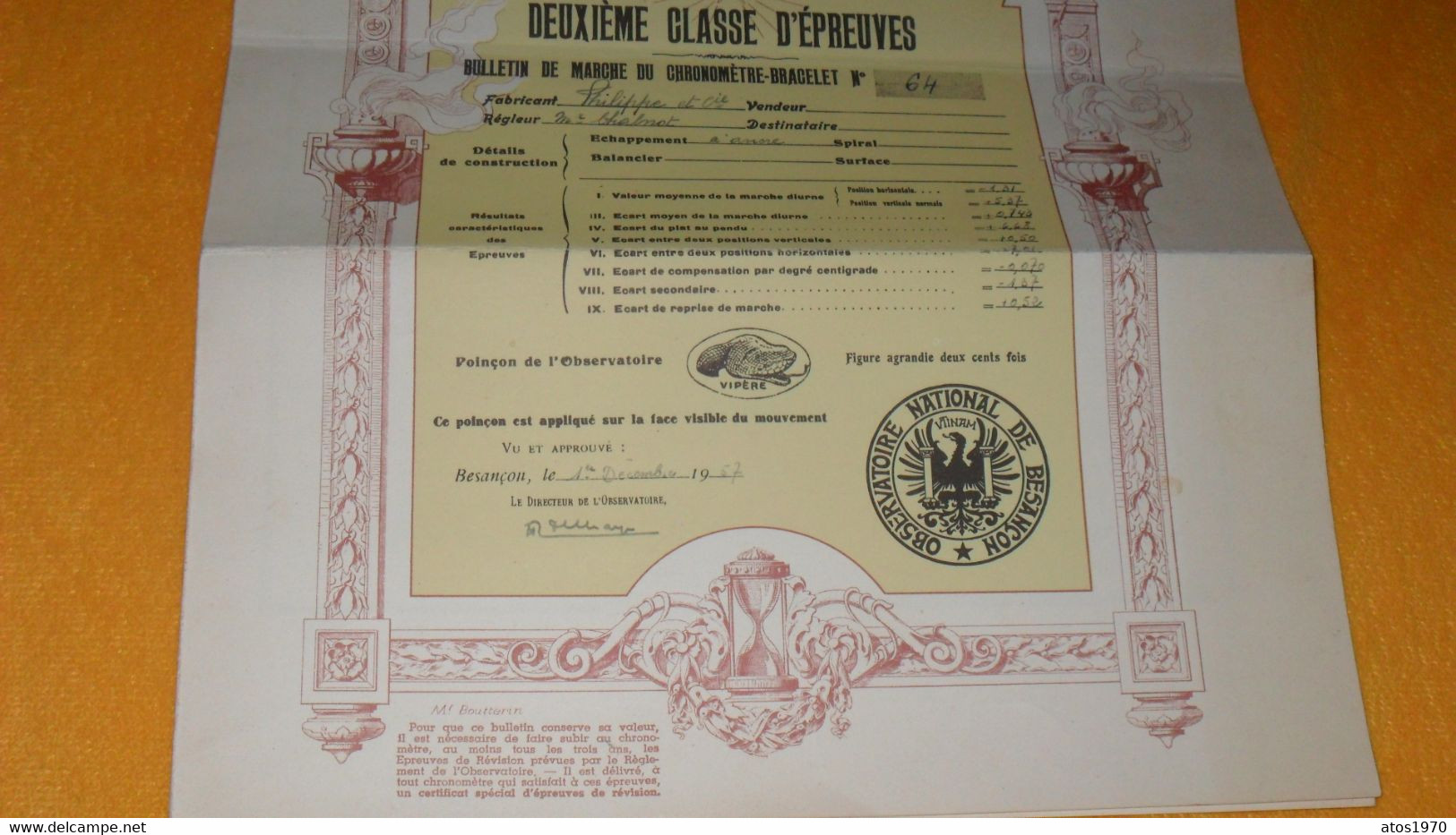 DIPLOME ANCIEN DE 1957../ MINISTERE DE L'EDUCATION NATIONALE OBSERVATOIRE NATIONAL DE BESANCON..PHILIPPE & CIE..ANOTATIO - Diploma's En Schoolrapporten