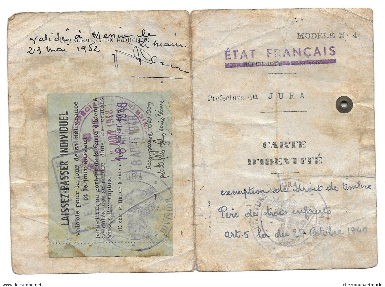 1943 LONS LE SAUNIER REMY LOUIS NE A CONDAMINE EN 1900 HABITANT MESSIA - CARTE IDENTITE ETAT FRANCAIS - Documenti Storici