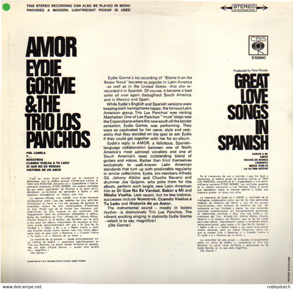 * LP *  AMOR - EYDIE GORME & THE TRIO LOS PANCHOS (Holland 1969 EX-!!) - Otros - Canción Española