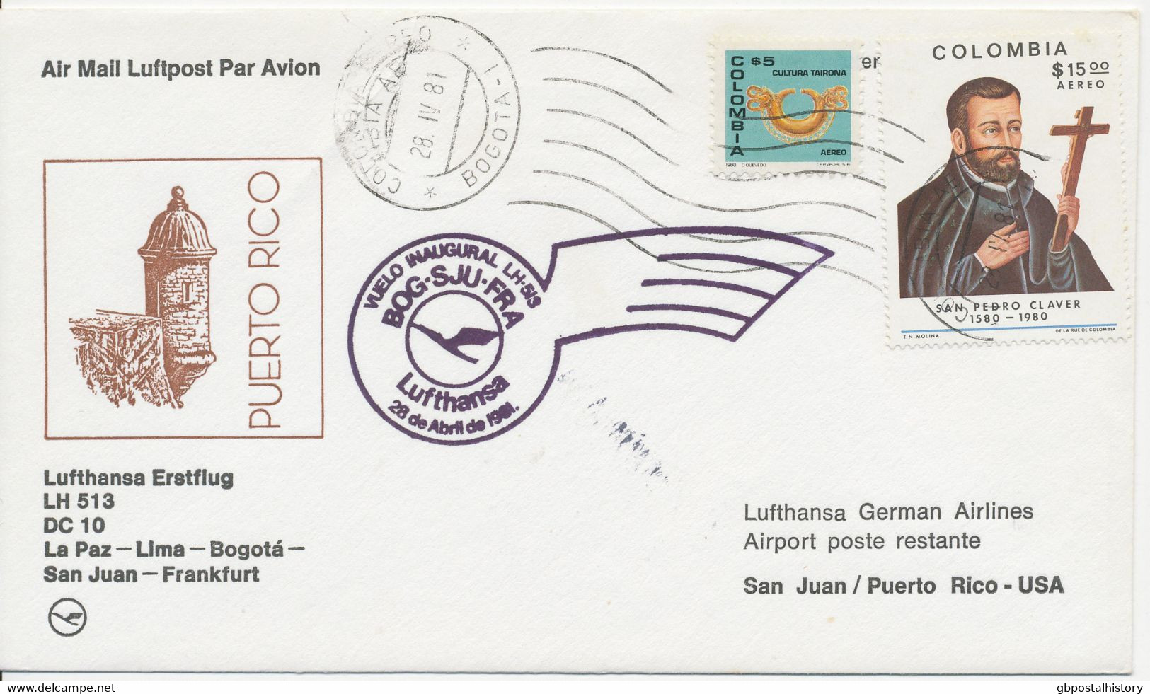 KOLUMBIEN 1981 Kab.-Erstflug Der Deutsche Lufthansa M. DC 10 Flug LH 512 "BOGOTA - LA PAZ, Bolivien" (Hab.2472/Sie.1339) - Colombia