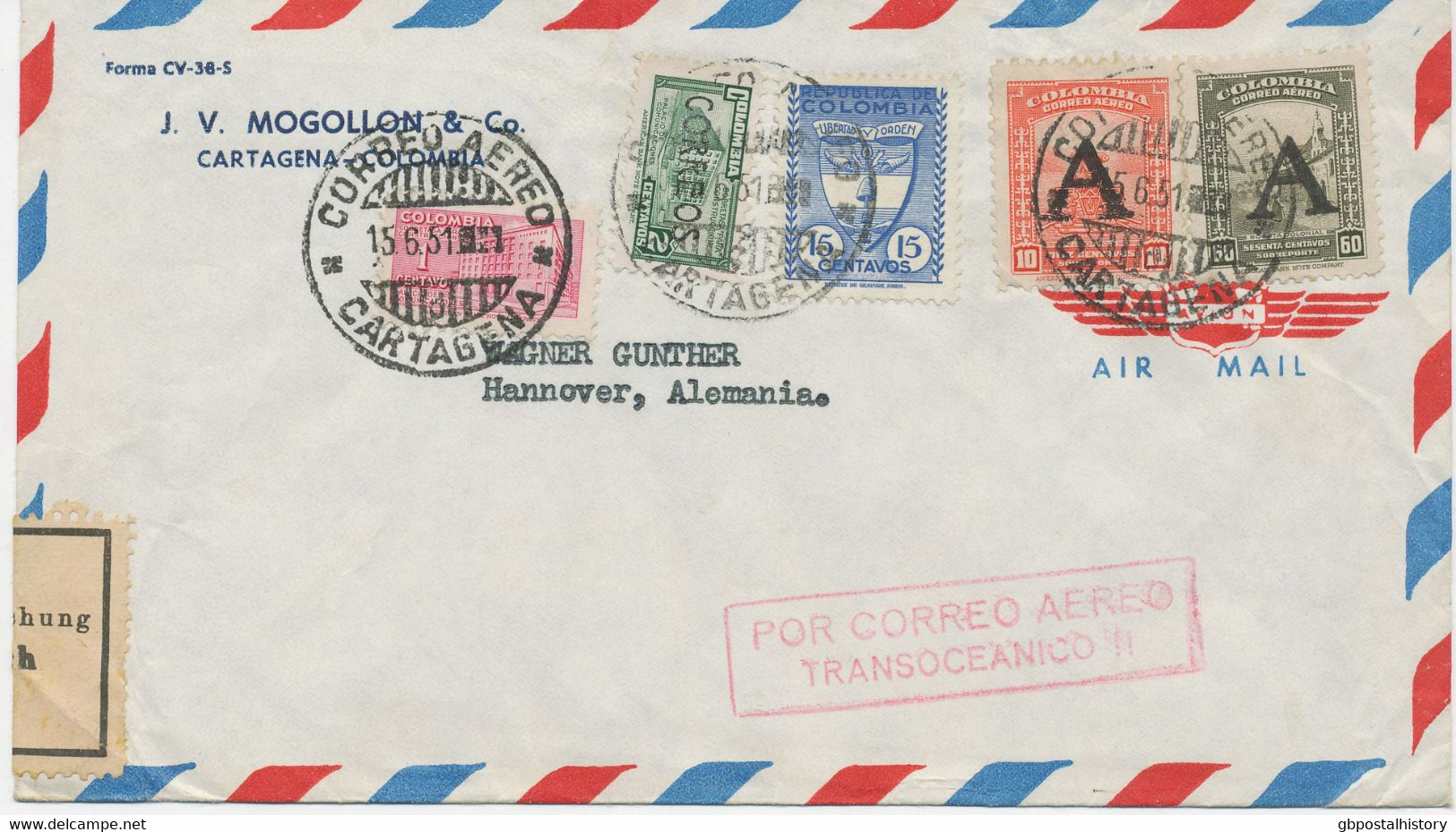 KOLUMBIEN 1951, Kab.-Flugpost-Bf M. Int. MiF, K1 "CORREO AEREO / CARTAGENA", Roter RA2 "POR CORREO AEREO / TRANSOCEANICO - Colombia