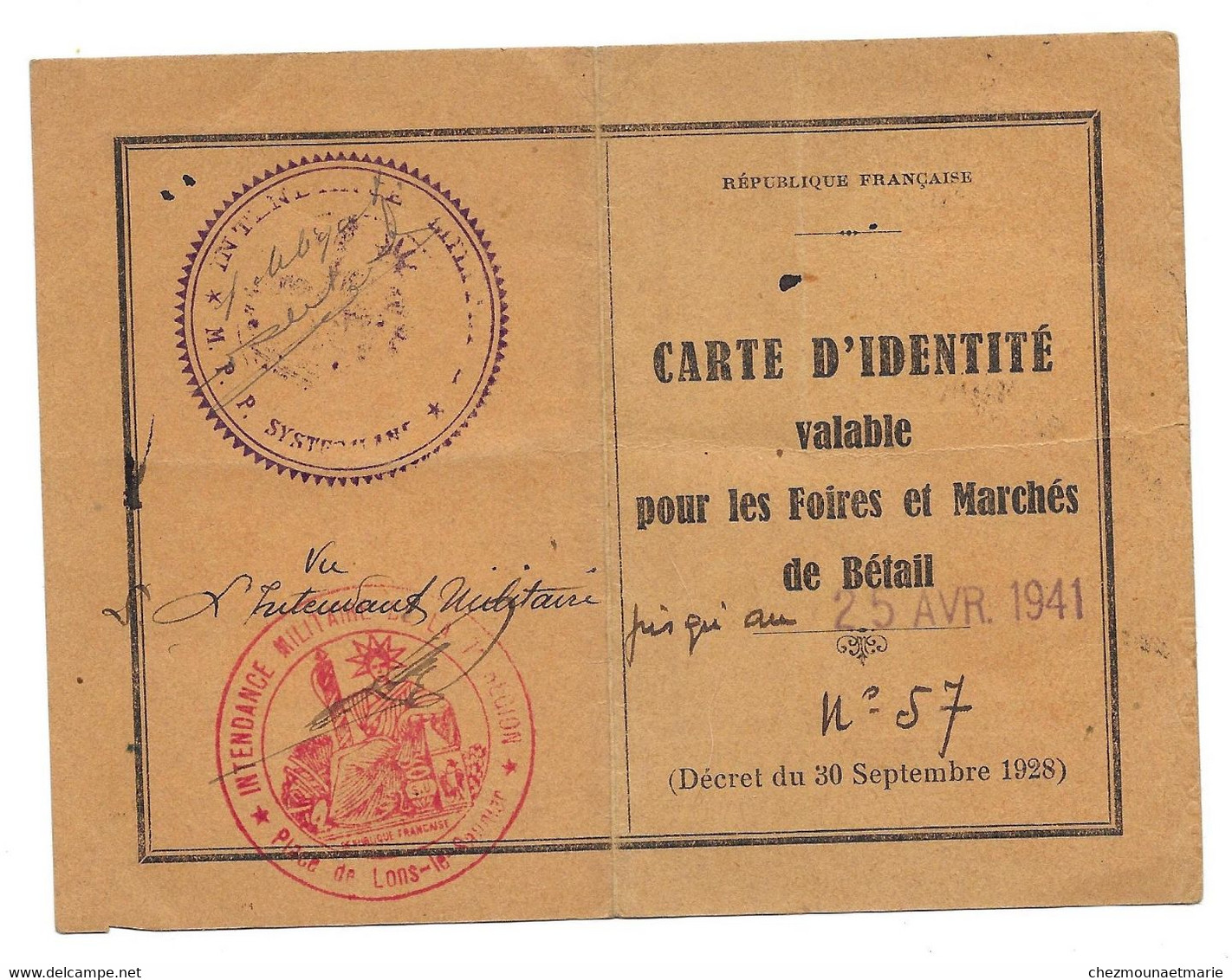 1940 LONS LE SAUNIER FAIVRE EUGENE NE A MARIGNY EN 1892 - CARTE IDENTITE FOIRES ET MARCHES DE BETAIL - Documenti Storici