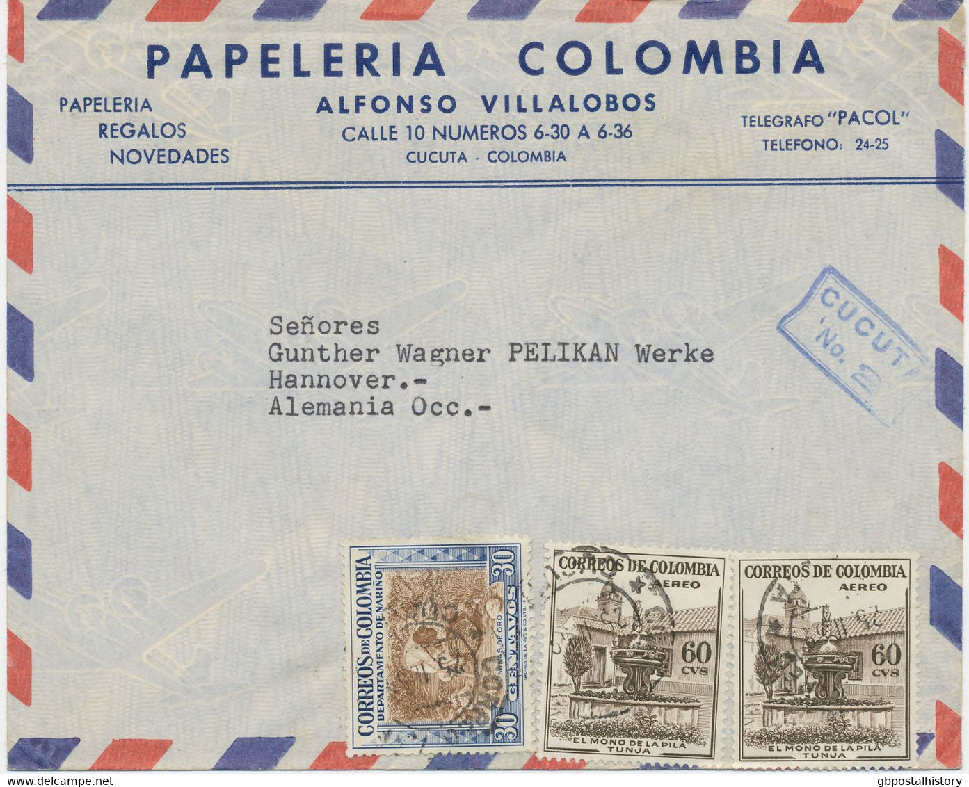KOLUMBIEN 1958, Int. MiF A. Kab.-Lupo-Bf M. Extrem Selt. Blauer RA2 "CUCUTA / No. 2", Strecke "CUCUTA - HANNOVER", - Colombie