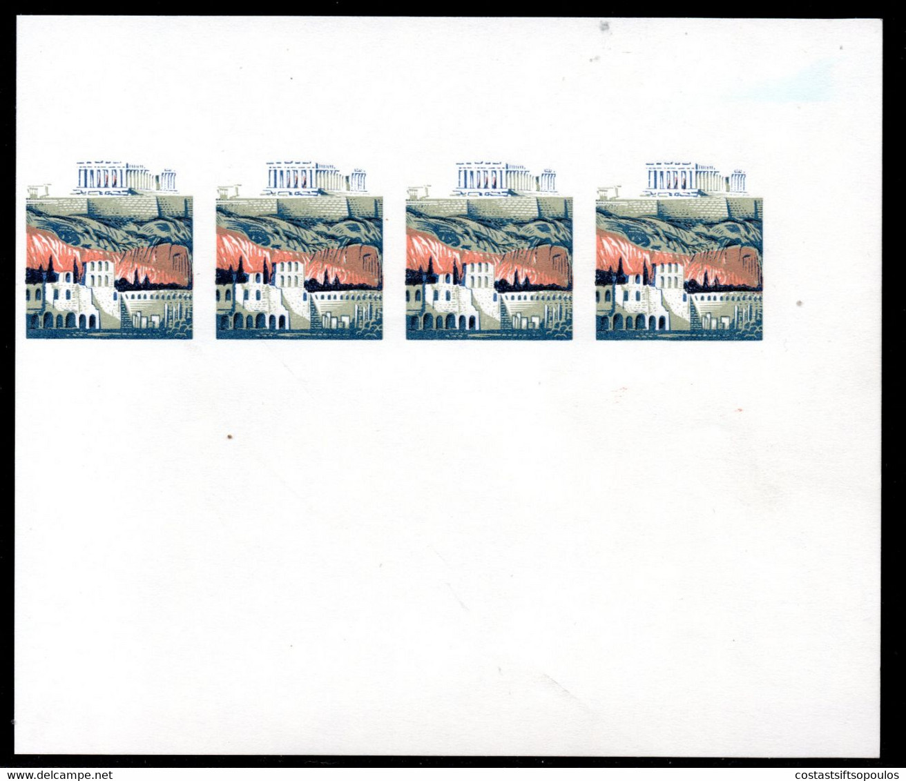 988.GREECE,1965 ART.ACROPOLIS 4.5 DR.HELLAS.992 COLOUR TRIAL PROOF STRIP OF 4 ,WITHOUT GUM - Proofs & Reprints