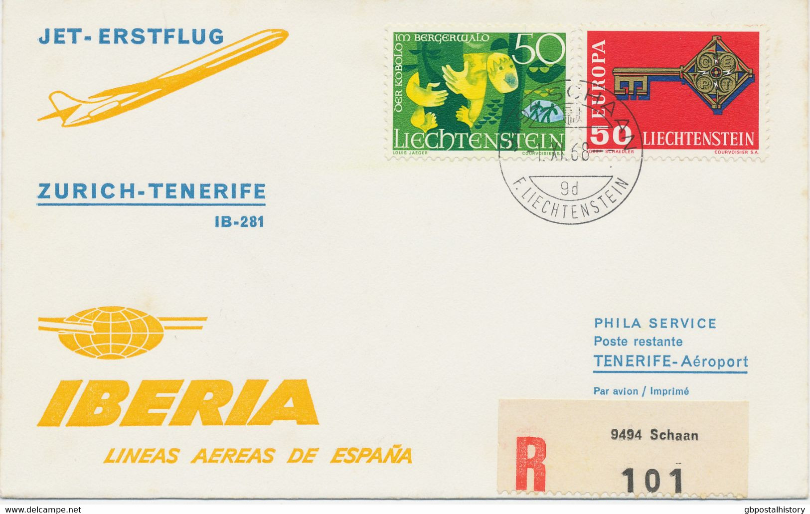 LIECHTENSTEIN 1968, 50 Rp Europa CEPT U. 50 Rp Sagen Als MiF A. Kab.-R-Erstflug (m. Dreiseitig Ungezähnter R-Zettel) - Lettres & Documents