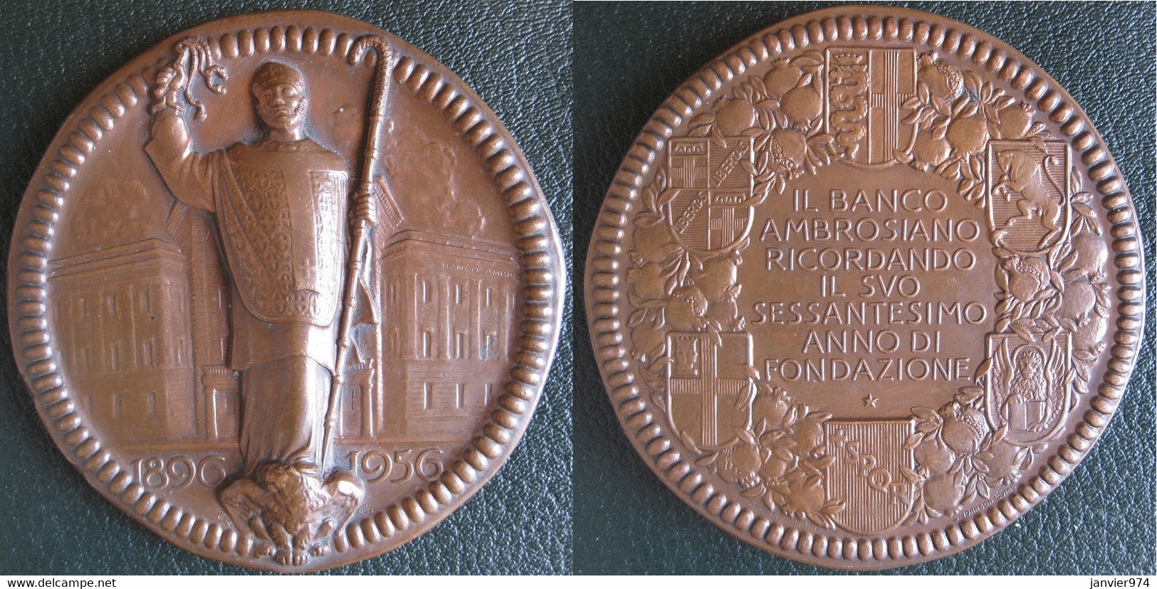 Médaille En Bronze Banque Ambrosiano 1896 1956 , 60e Anniversaire, Par Castguilioni - Altri & Non Classificati