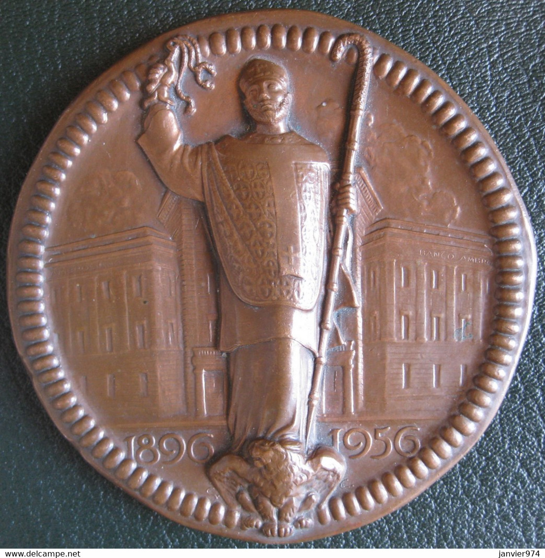 Médaille En Bronze Banque Ambrosiano 1896 1956 , 60e Anniversaire, Par Castguilioni - Altri & Non Classificati