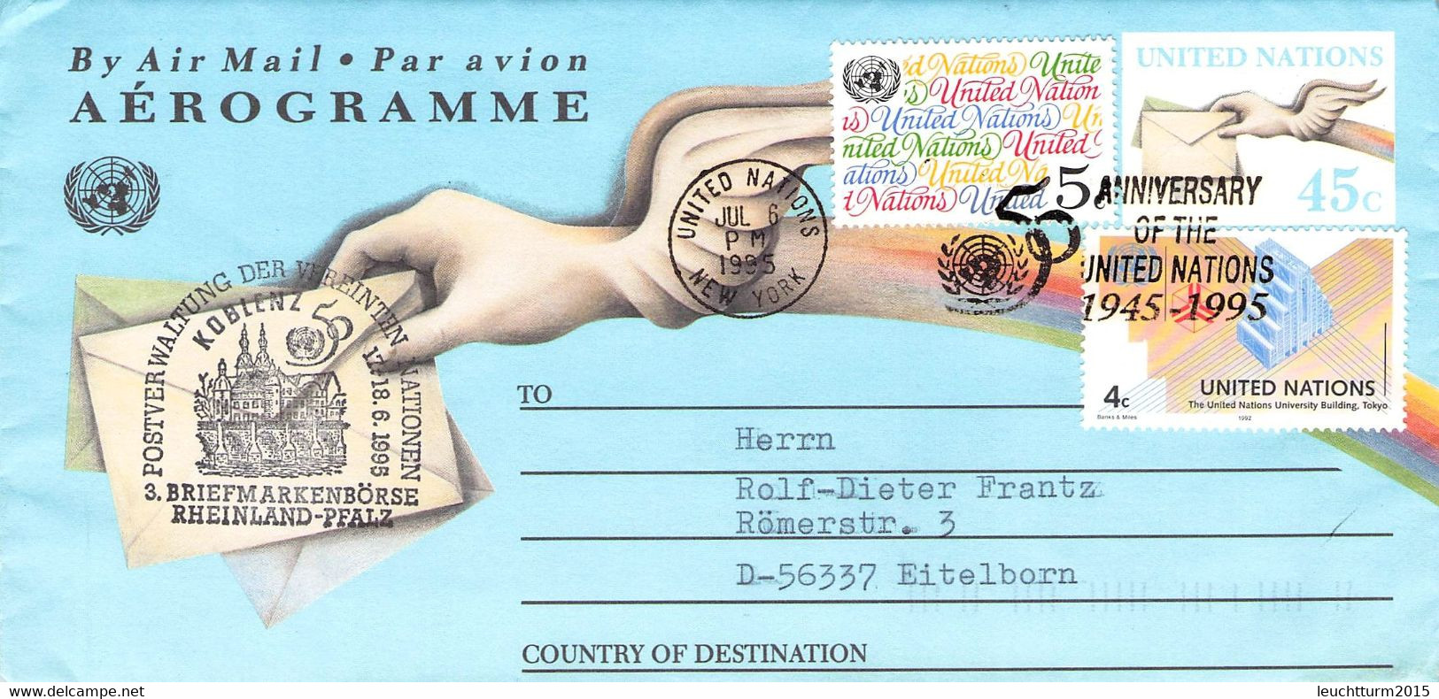 UN NEW YORK - AEROGRAMME 1995 50 ANNIV. UNITED NATIONS  / ZL 346 - Airmail