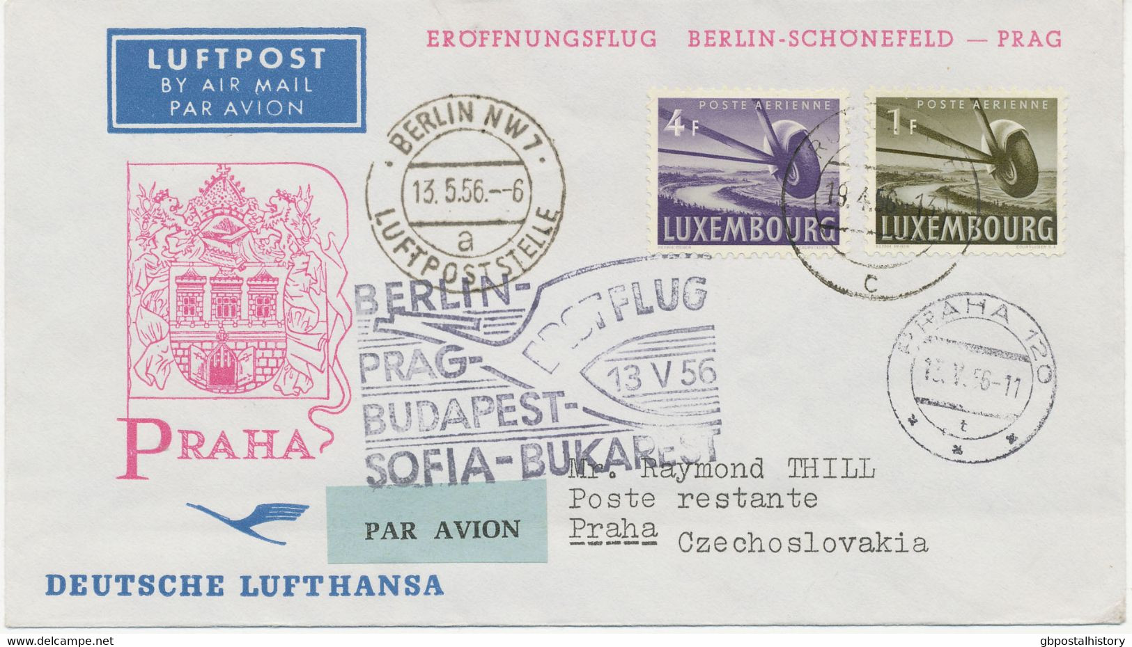 LUXEMBURG 1956 Extrem Selt. Mitläuferpost Aus Luxemburg M Deutsche Lufthansa Ost "BERLIN-OST - PRAG", Nur Wenige Bekannt - Briefe U. Dokumente