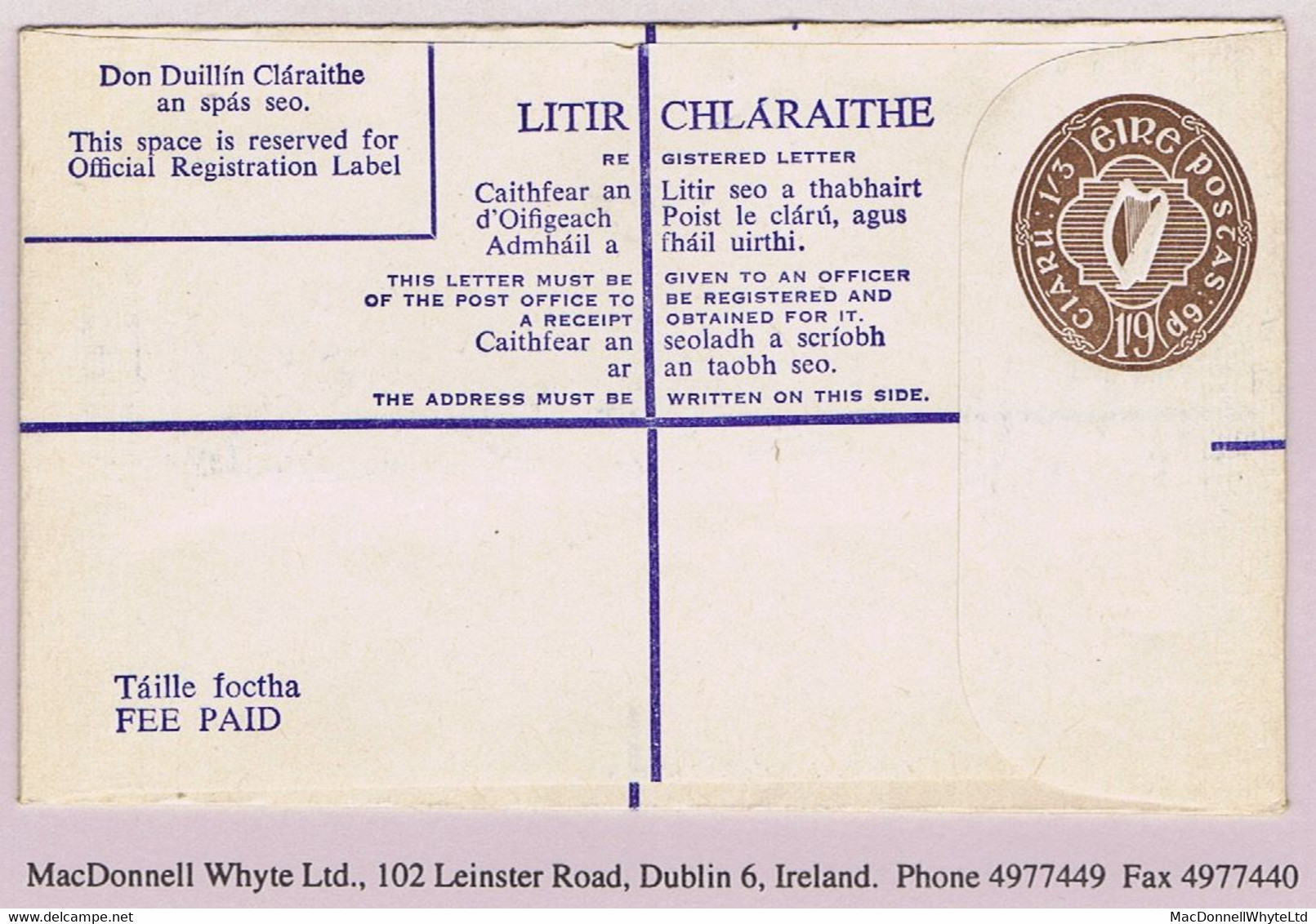 Ireland Registered Envelopes 1969 1/9d Brown Size F, Compensation 1s/£10, Fresh Unused - Ganzsachen