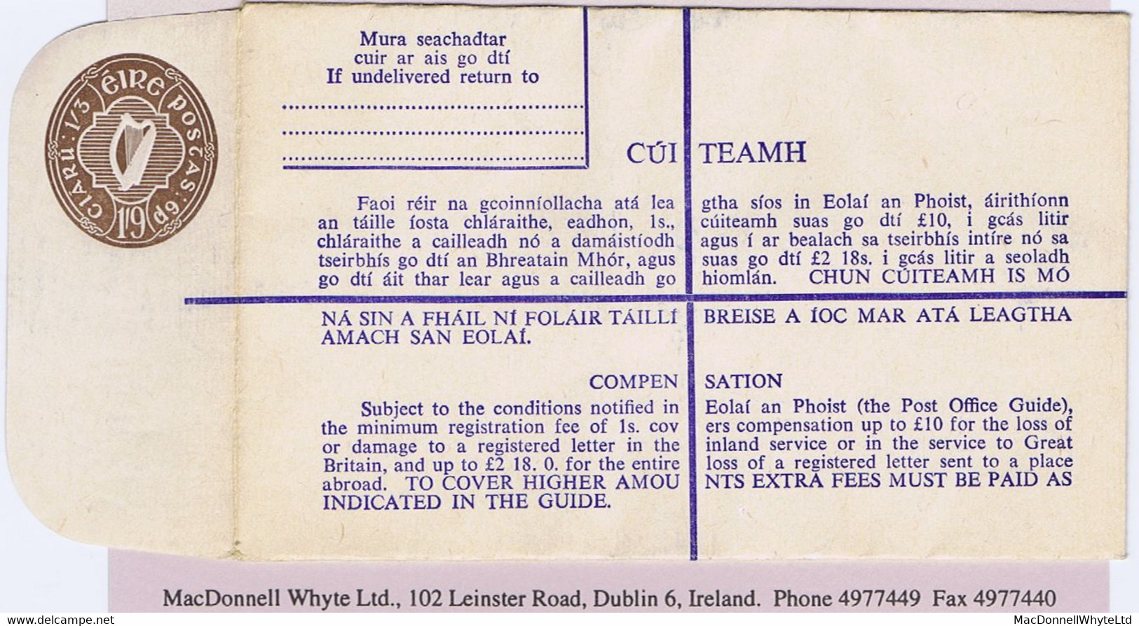 Ireland Registered Envelopes 1969 1/9d Brown Size F, Compensation 1s/£10, Fresh Unused - Interi Postali