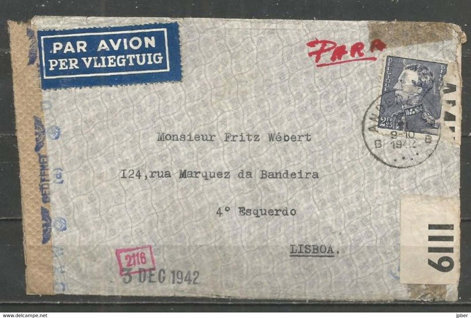 Belgique - Léopold III Poortman N°529 Lettre Par Avion De ANDERLUES 7-11-42 Vers LISBONNE - Bandelette Ouverture Contôle - 1936-1951 Poortman