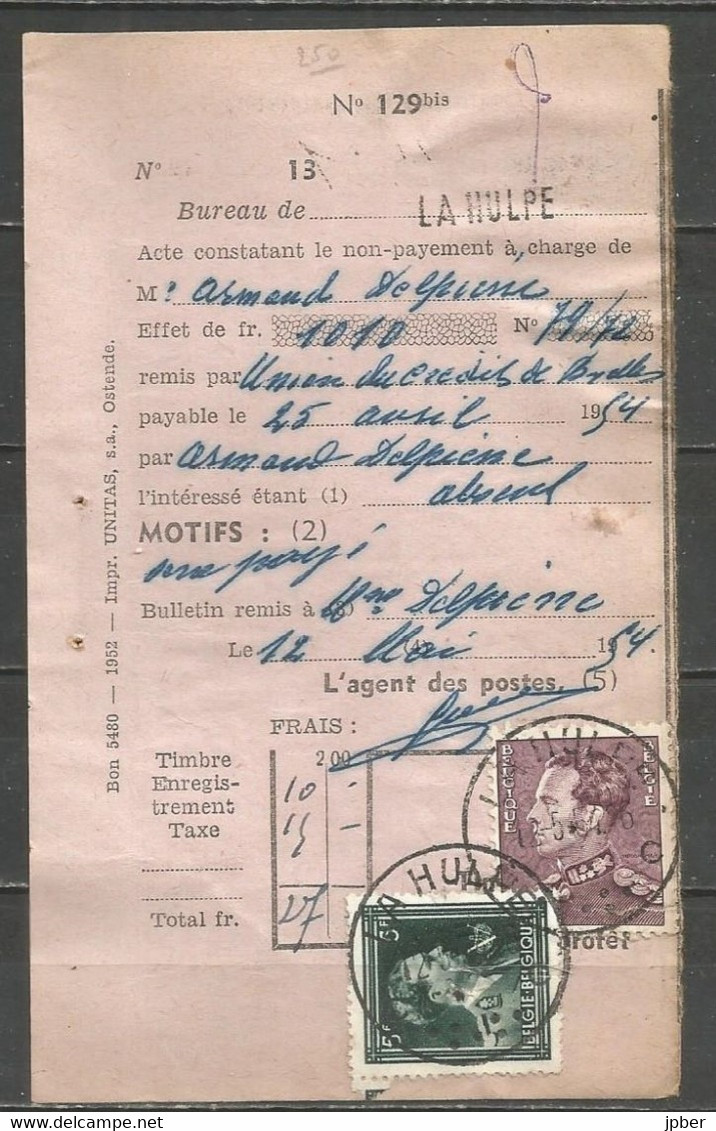 Belgique - Léopold III Poortman N° 848Aa Sur Souche Protêt Avec Cachet De LA HULPE Du 12-5-54 - 1936-51 Poortman