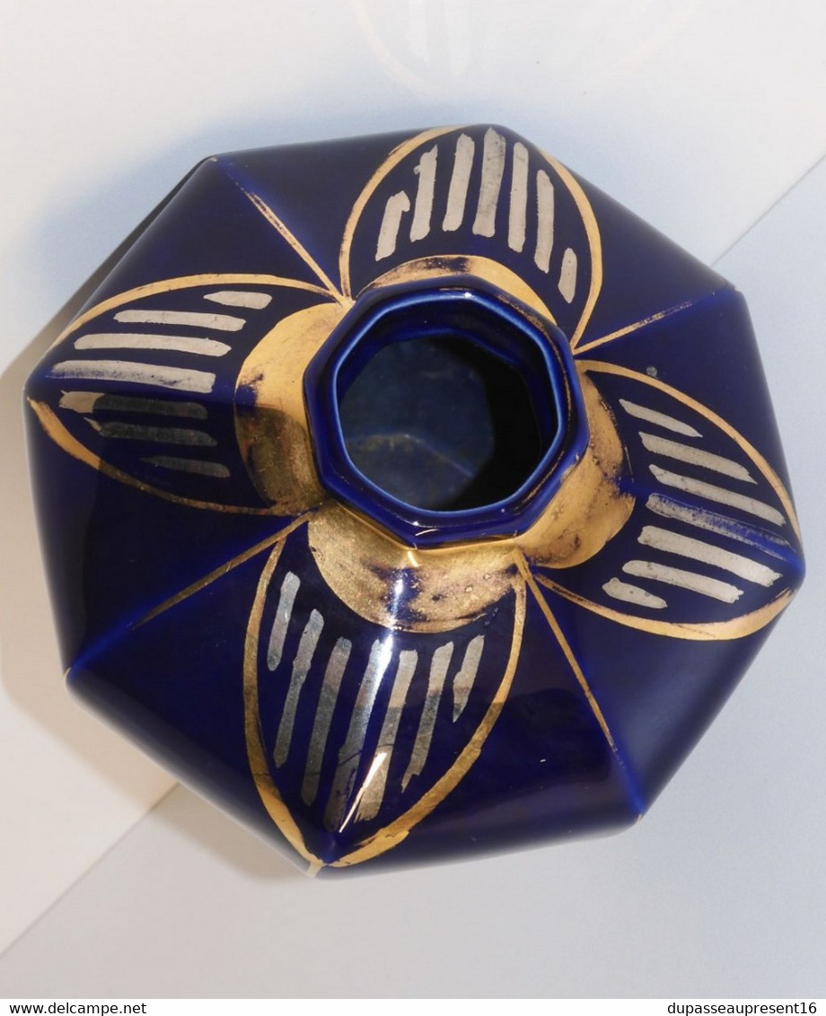 *VASE CERAMIQUE ART DECO FIVES LILLE BLEU de FOUR et Dorures Col FLEUR Dorée E