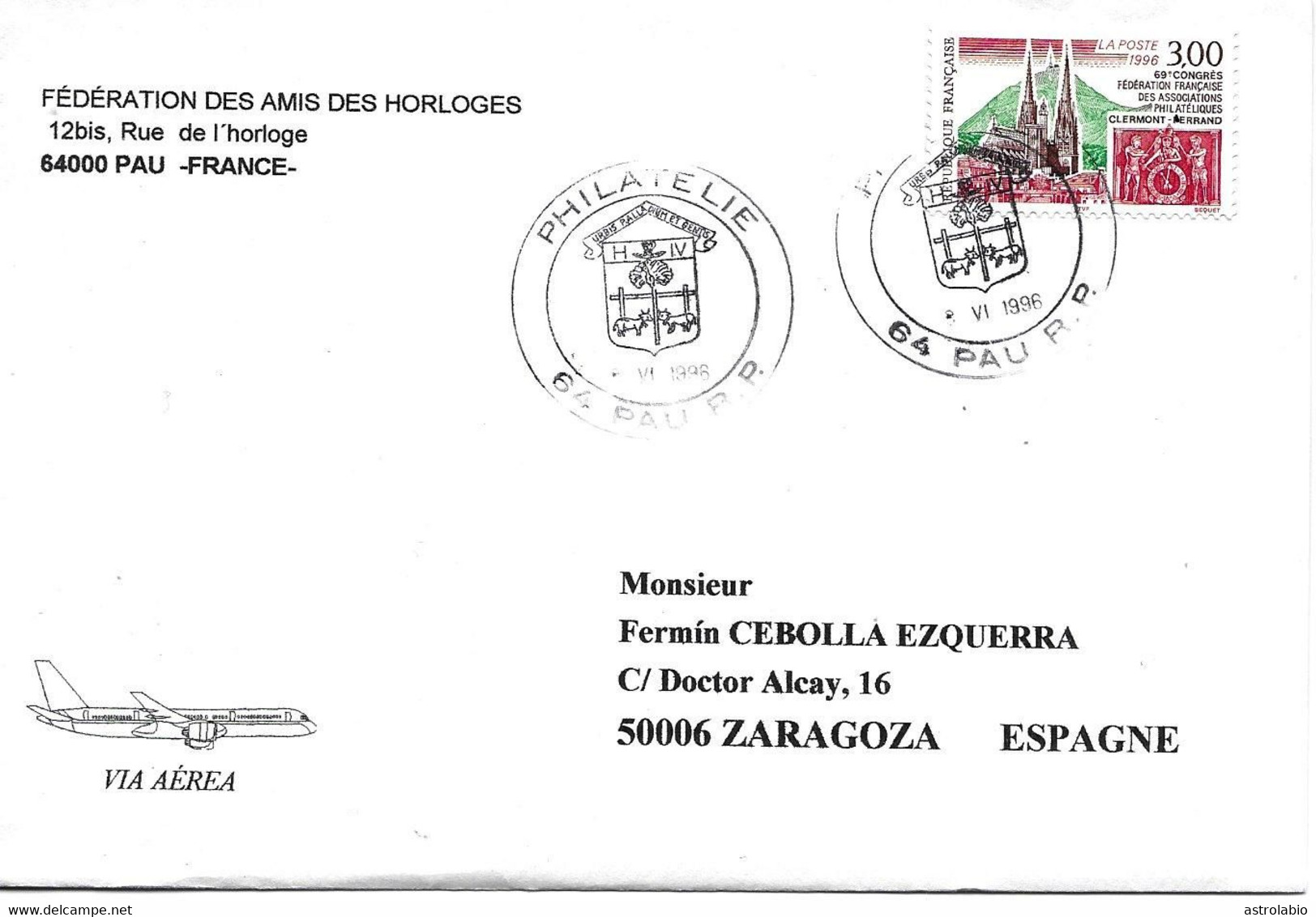 Horloge De Clermont Ferrand France 1996 Sur Lettre Vers Espagne - Horlogerie