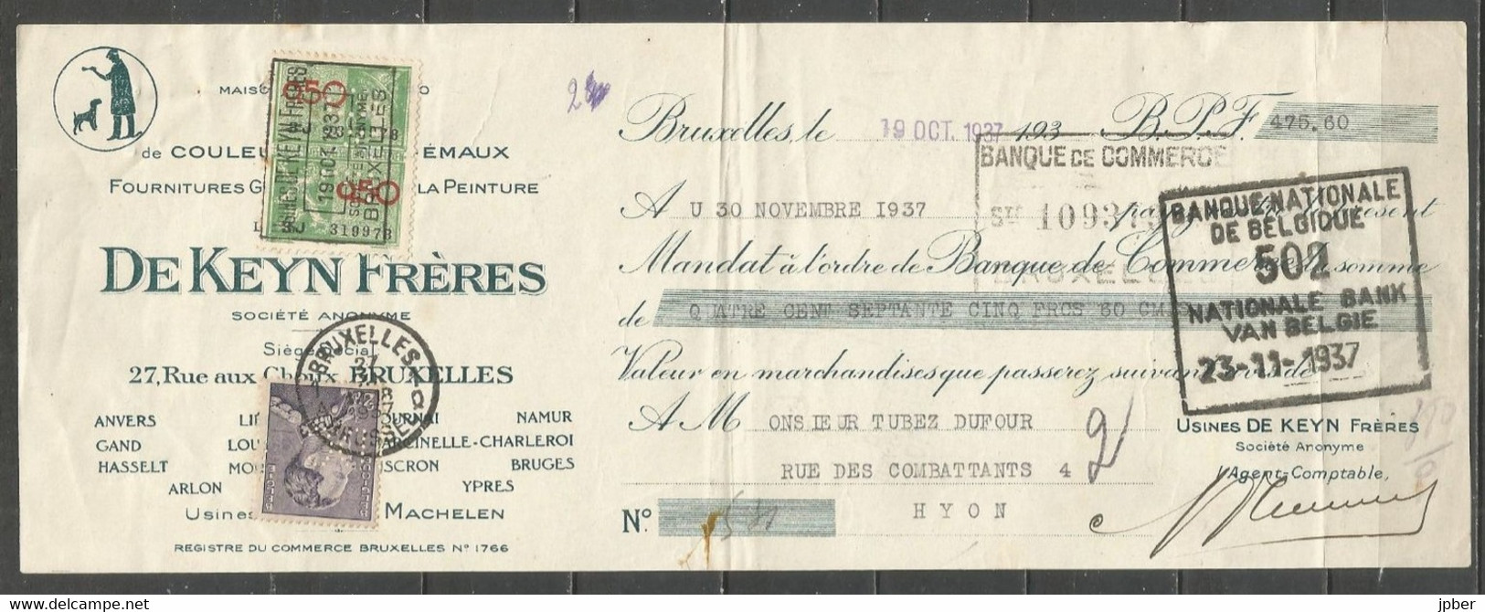 Belgique - Léopold III Poortman N°431c Perforé DC Et Timbre Fiscal Perforé DKL Sur Billet à Ordre Du 19-10-37 - 1936-1951 Poortman